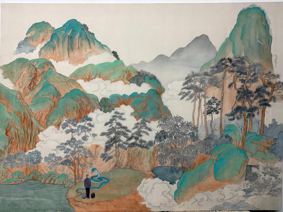 Qiu Anxiong’s Peach Blossom Spring Wonderland – Encounter with a Snake (2025) is showing at Pearl Lam Projects