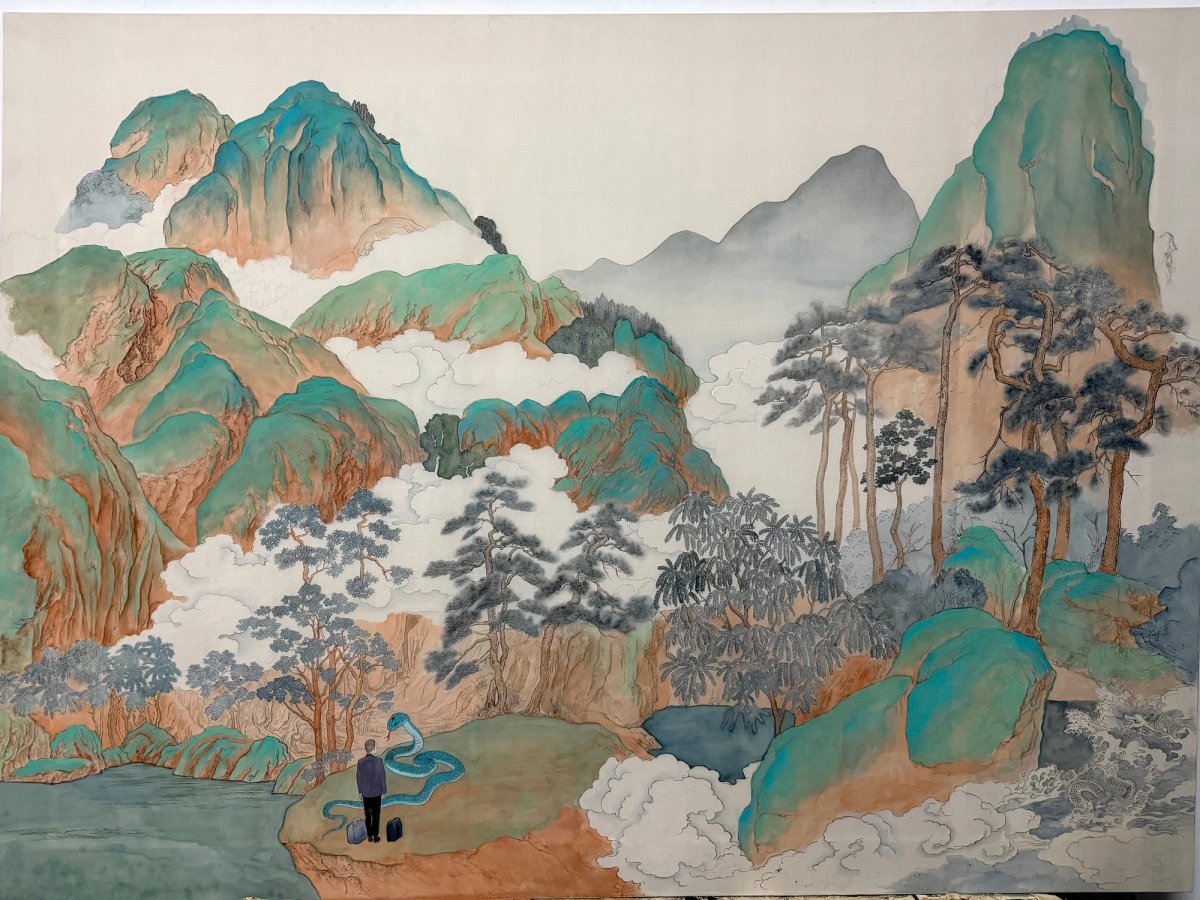 Qiu Anxiong’s Peach Blossom Spring Wonderland – Encounter with a Snake (2025) is showing at Pearl Lam Projects
