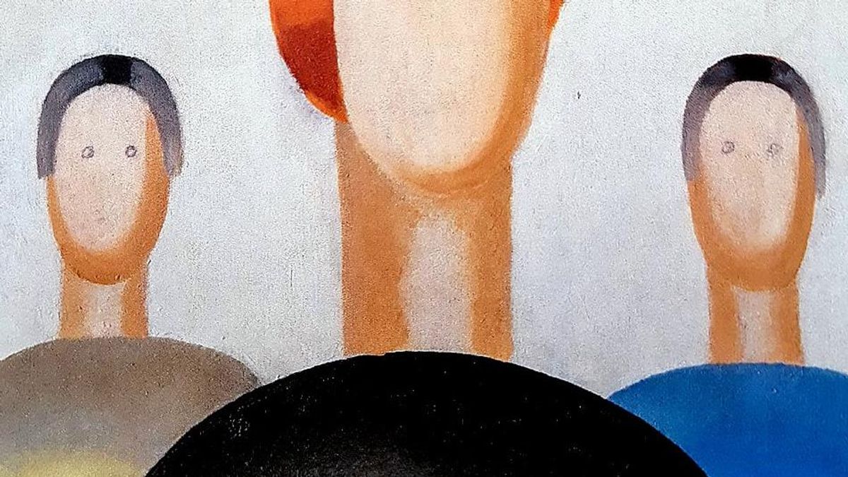 Detail from Anna Leporskaya's Three Figures (1932-34) after it was vandalised, showing eyes drawn in ballpoint pen on the two background figures. © The Art Newspaper Russia