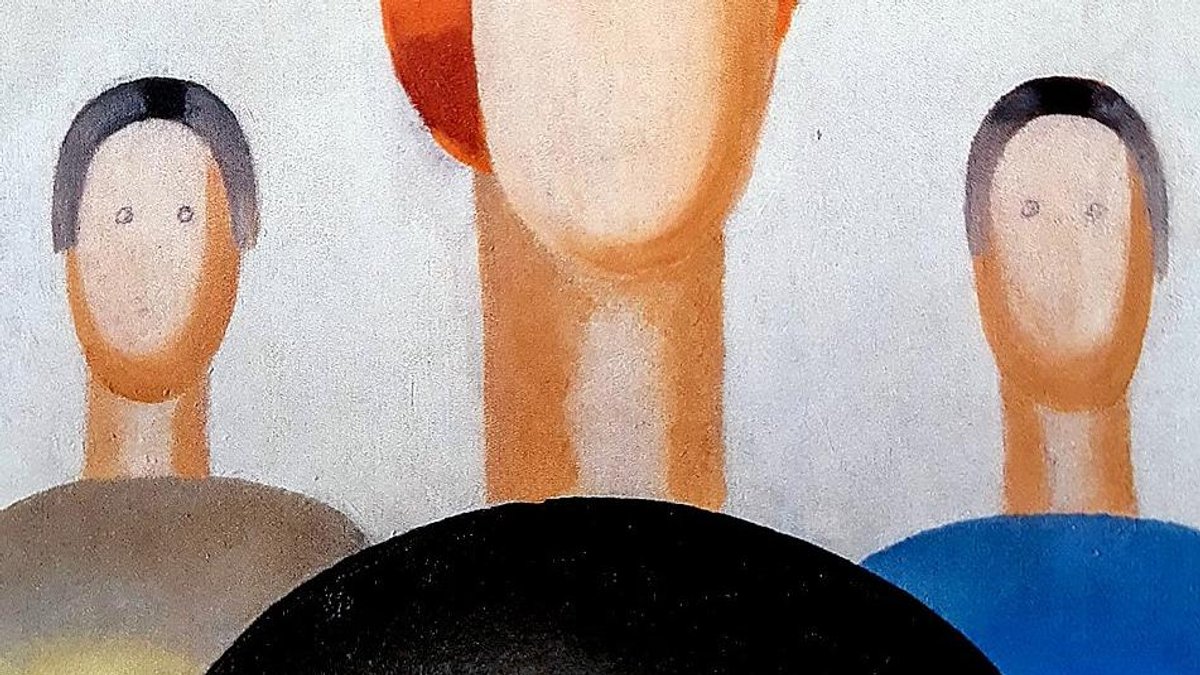 Detail from Anna Leporskaya's Three Figures (1932-34) after it was vandalised, showing eyes drawn in ballpoint pen on the two background figures. © The Art Newspaper Russia