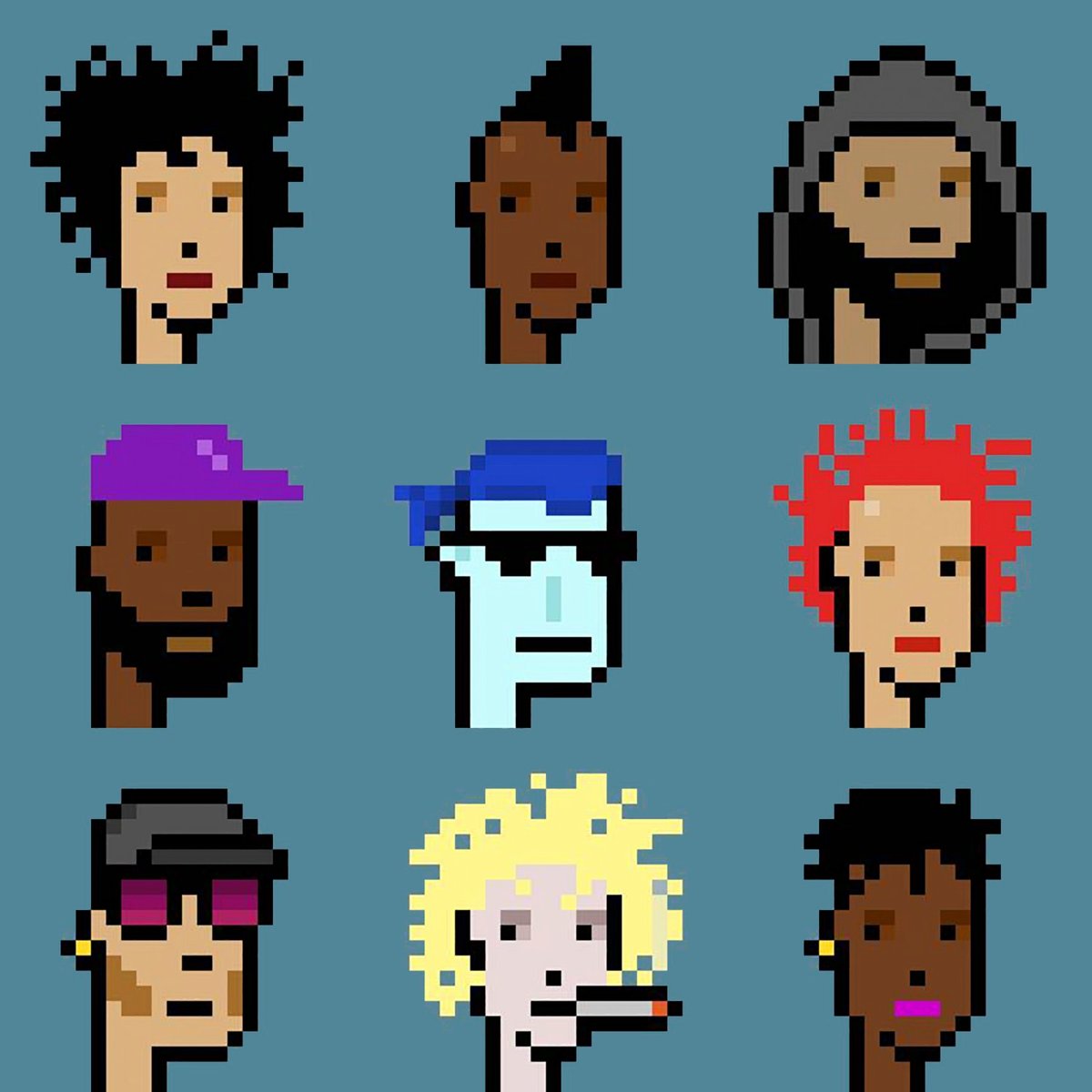 9 Cryptopunks: 2, 532 , 58, 30, 635, 602, 768, 603 and 757, made in 2017 Courtesy of Christie's