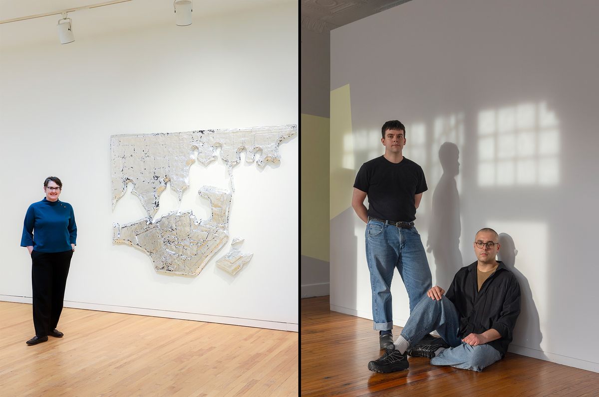 Left: Concept Art Gallery's co-owner and gallery director Alison Brand Oehler standing in the current exhibition, David Muenzer: Exit Interview. Right: april april's co-founders Patrick Bova (left) and Lucas Regazzi (right) Concept Art Gallery: Photo by Sam Pliszka. april april: Photo by Chris Uhren