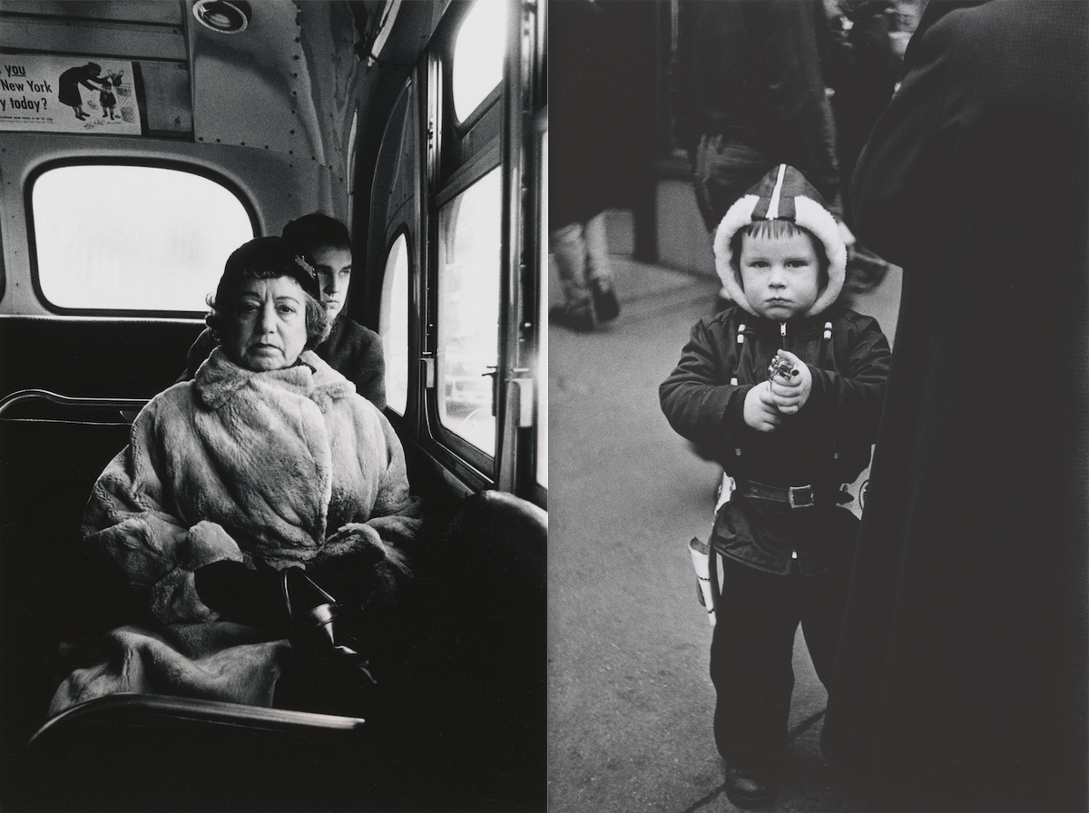 Diane Arbus's Lady on a bus, N.Y.C. (1957) and Kid in a hooded jacket aiming a gun, N.Y.C. (1957) © The Estate of Diane Arbus