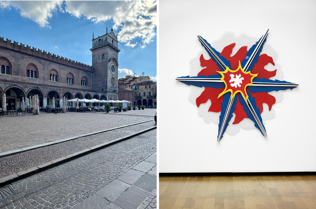 Left: The palazzo that is now home to Sonnabend Collection Mantova (Mantua); right: Roy Lichtenstein's Wall Explosion III (around 1965) is part of the collection Courtesy Sonnabend Collection; © Estate of Roy Lichtenstein, ADAGP