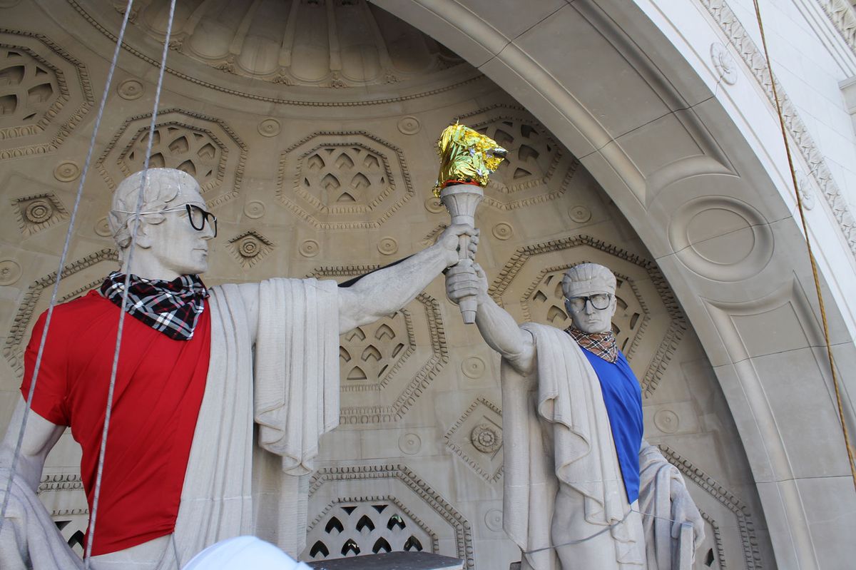 French artist Léo Caillard dresses classical statues as hipsters above the Aldwych entrance to Bush House in London. The installation forms part of The Classical Now exhibition at King's College London exploring the ways in which Graeco-Roman art has sparked the modern imagination Kings College London