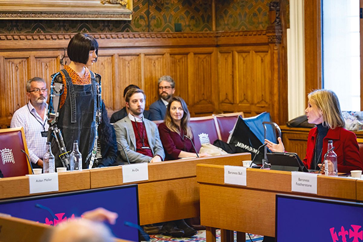 Answering pre-submitted questions from members of the Lords Communications and Digital committee, Ai-Da explained how she creates art using a camera in her eye, algorithms and a robotic arm, admitting that she is dependent on computer programs Roger Harris Photography