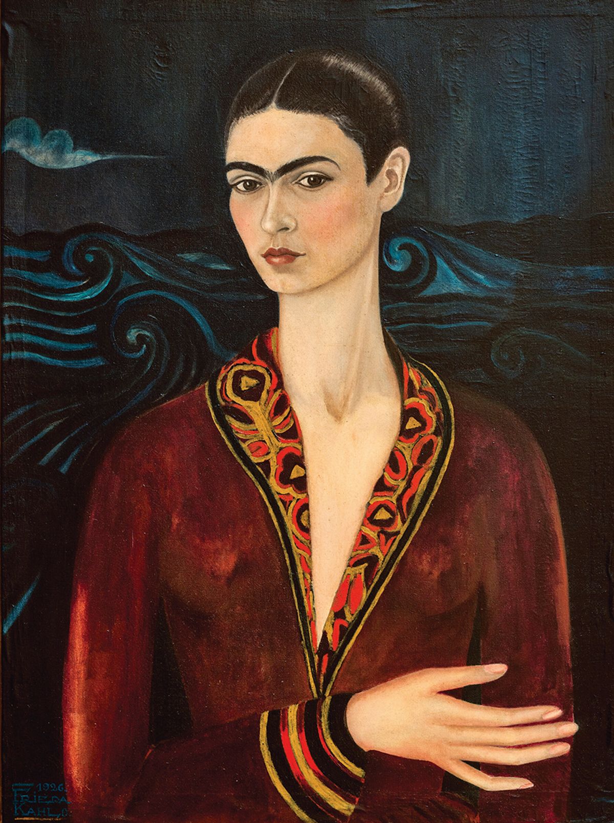 Frida Kahlo’s Self-Portrait (in a Velvet Dress) (1926), painted before the artist embraced Indigenous clothing in the 1930s © 2025 Banco de Mexico Diego Rivera & Frida Kahlo Museum Trust, Mexico; D.F./Artists Rights Society, New York; image courtesy of the Dallas Museum of Art