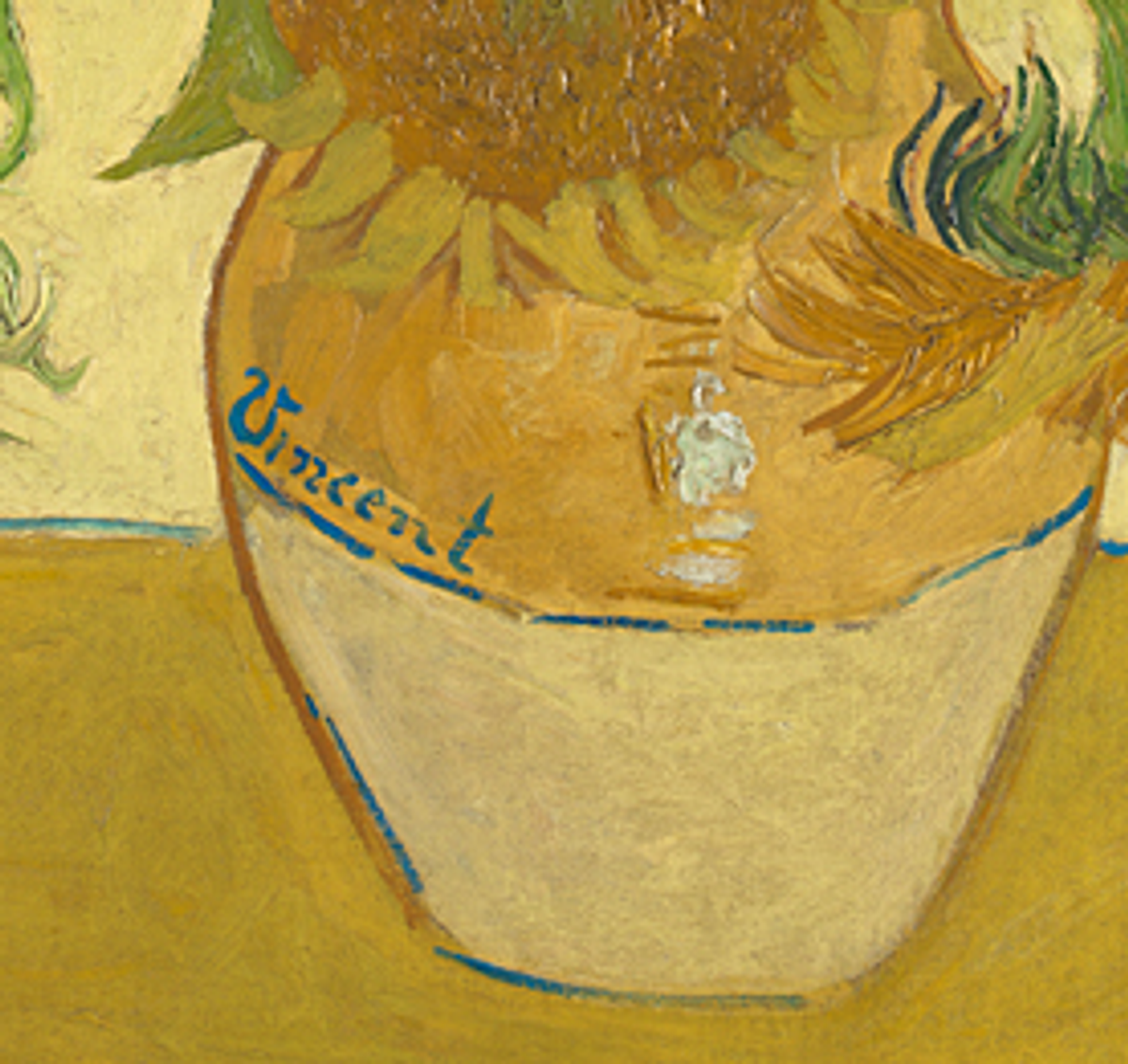 Detail of Van Gogh’s Sunflowers (August 1888), with his signature inscribed on the pot
National Gallery, London