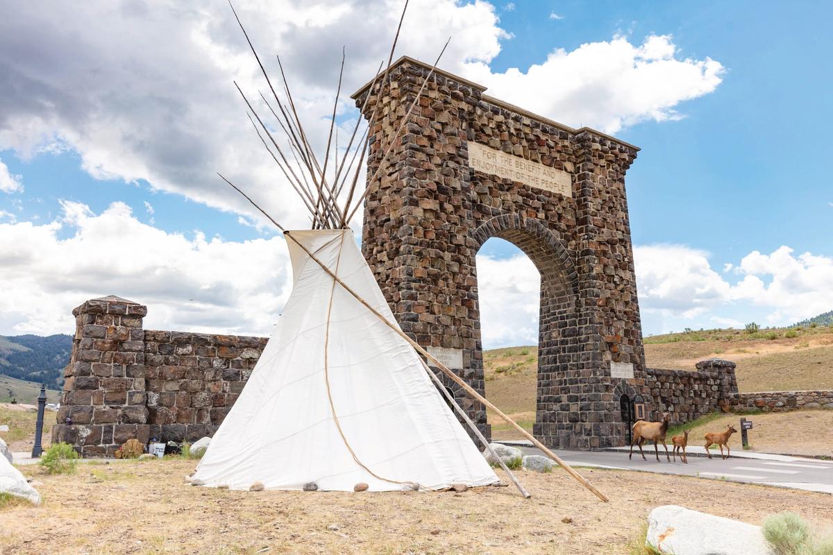 A Yellowstone Revealed summit organised by Mountain Time Arts at the Roosevelt Arch, at the northern entrance to Yellowstone National Park, drew attention to the history of Indigenous culture in the region Courtesy of Mountain Time Arts