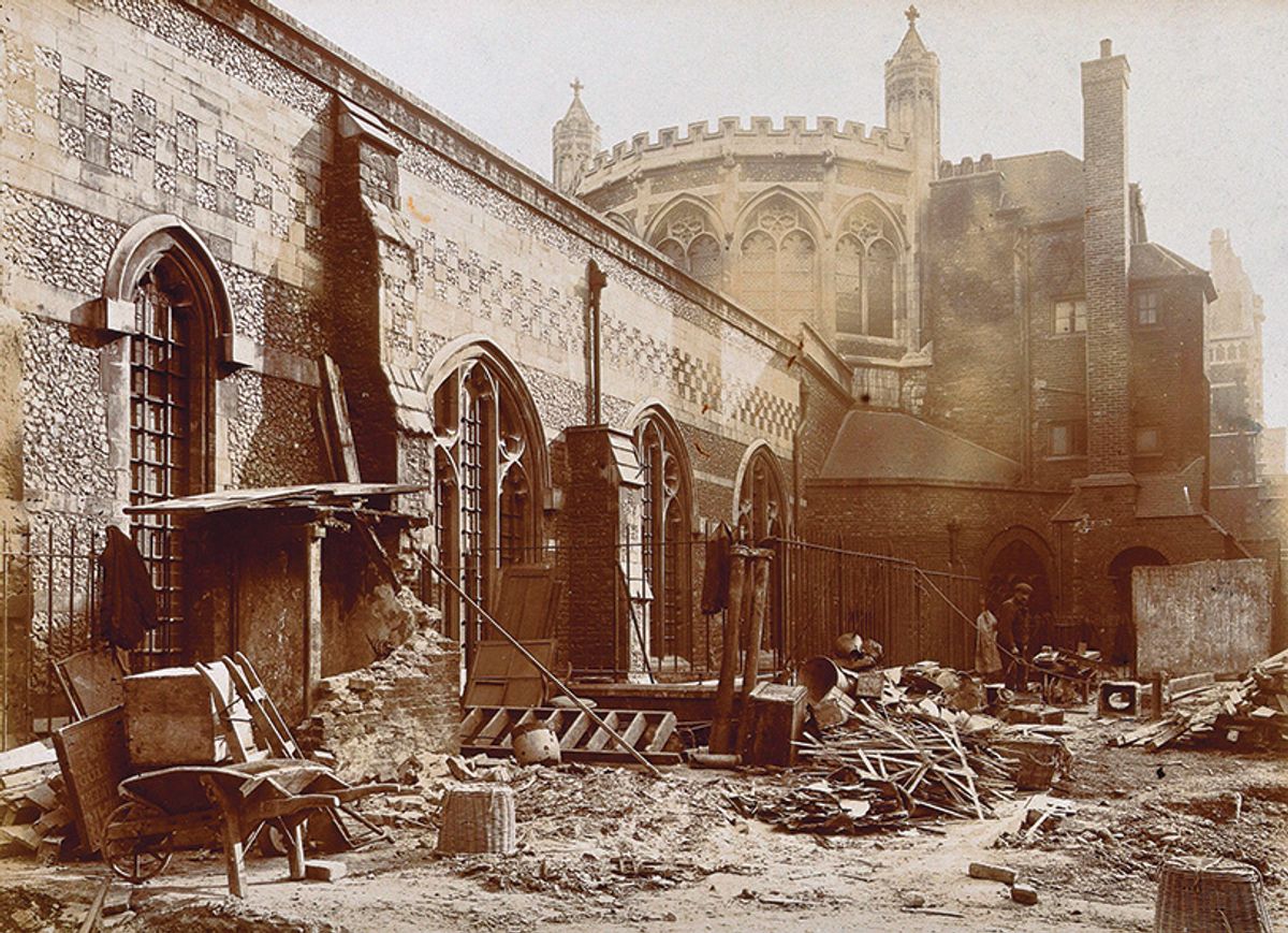Exterior view of the apse and the north side of the Lady chapel under renovation in 1894. The restoration aimed to emphasise continuity with the church’s pre-Reformation period Photo: W.F. Taylor; Wellcome Collection