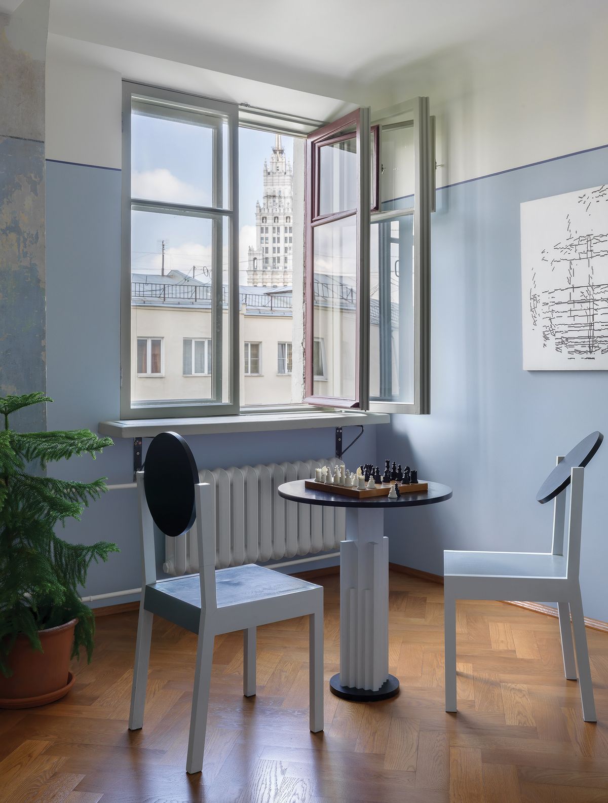 Alexander Dudnev and Konstantin Gudkov commissioned Less design studio to recreate avant-garde furniture for the flat, including Nikolai Suetin’s famous Suprematist chair and table set Photo: Sergei Kasyuk