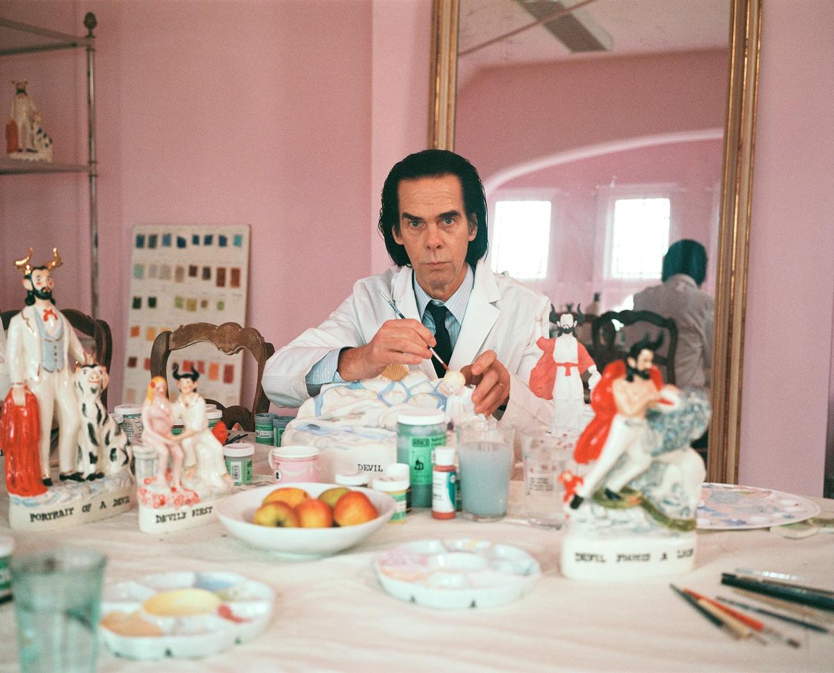 Nick Cave in the studio with several ceramics from his The Devil – A Life series, which are now on show at the Museum Voorlinden in the Netherlands Photo: Sian Davey, courtesy Michael Hoppen Gallery