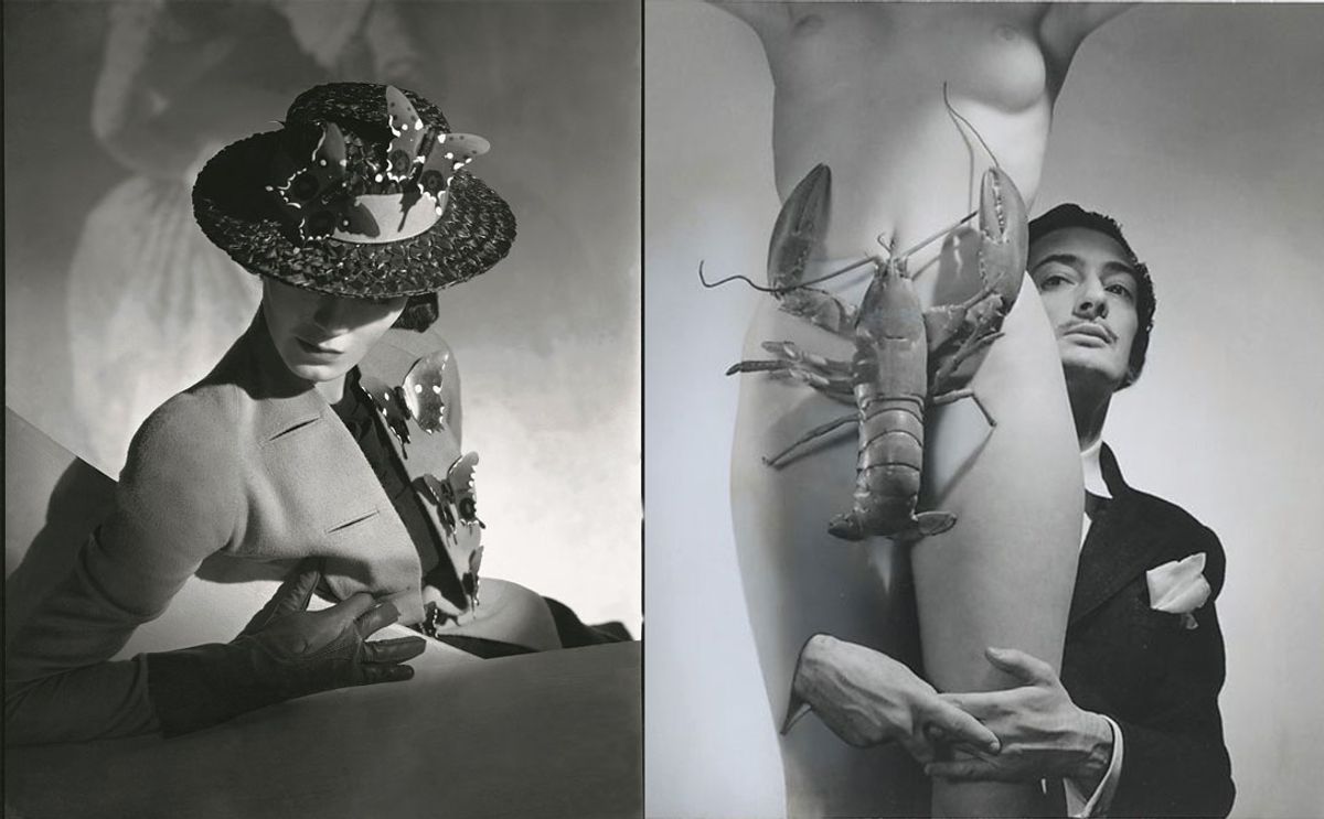 Elsa Schiaparelli photographed by Horst P Horst for Vogue USA in 1937 and Salvador Dalí by George Platt Lynes in 1939 © Horst P. Horst, Vogue / Condé Nast; © Estate of George Platt Lynes