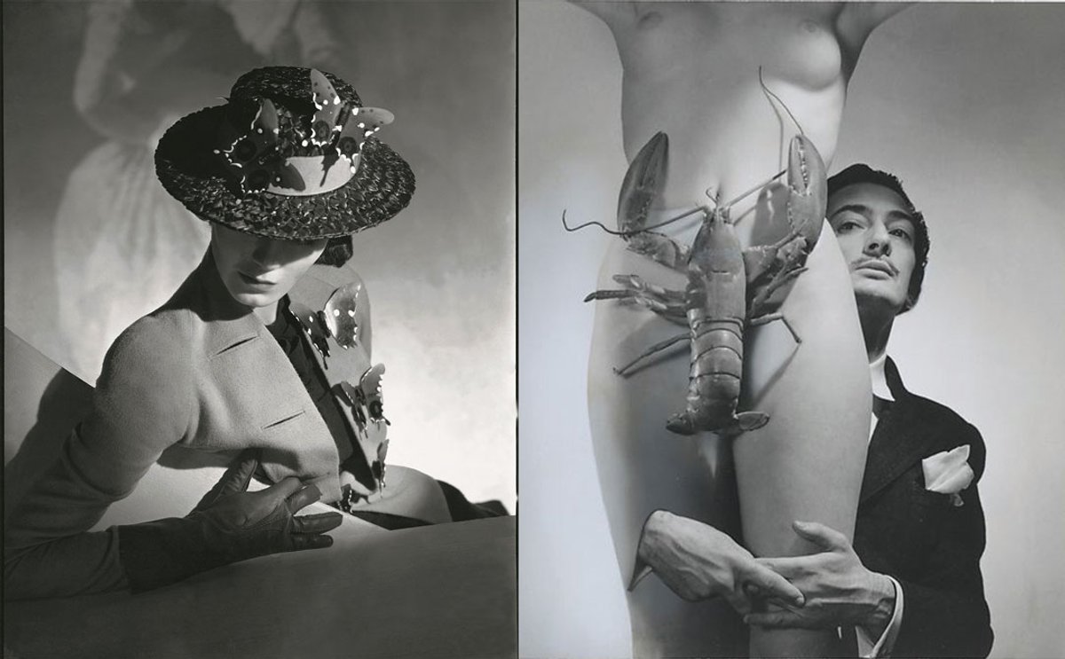 Elsa Schiaparelli photographed by Horst P Horst for Vogue USA in 1937 and Salvador Dalí by George Platt Lynes in 1939 © Horst P. Horst, Vogue / Condé Nast; © Estate of George Platt Lynes
