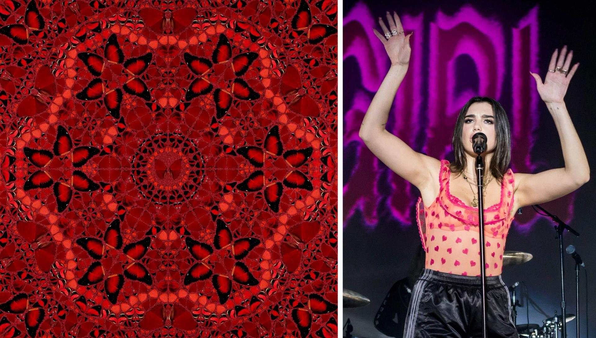 Damien Hirst's Wu Zetian, a print and NFT produced with the art and technology company Heni (left) is now owned by pop star Dua Lipa (right) Hirst: courtesy of Heni; Dua Lipa: Justin Higuchi