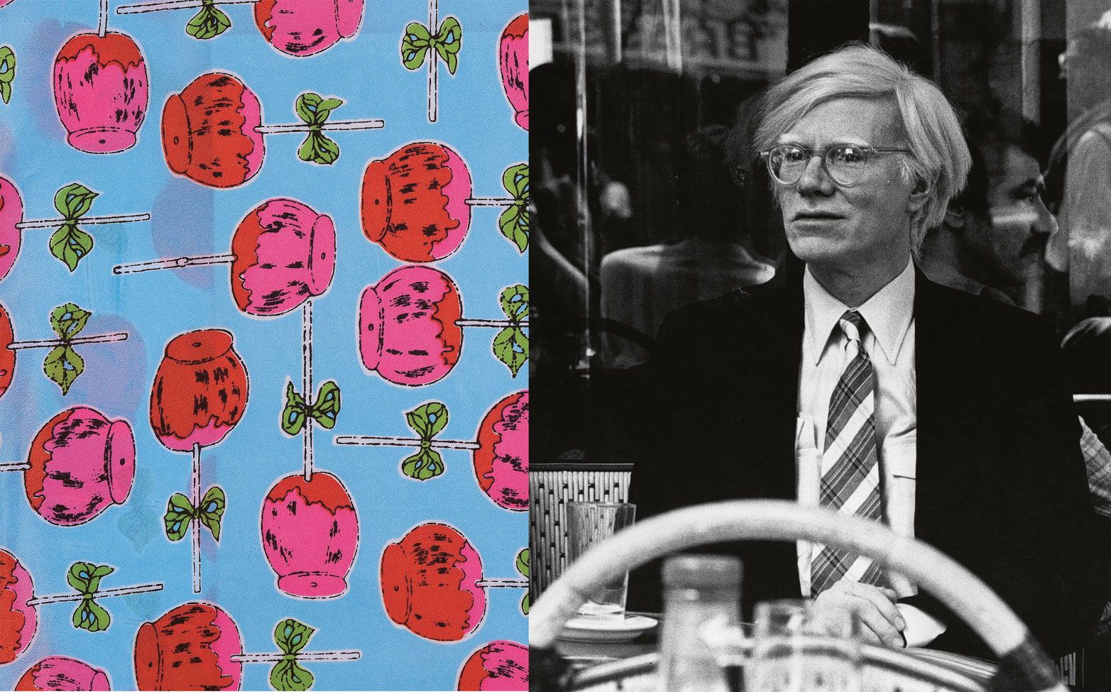 Andy Warhol's Candy Apples pattern (around 1962) manufactured by Stehli Silks Corporation and a portrait of the artist at the Café de Flore in Paris in 1980 © The Andy Warhol Foundation for the Visual Arts, Inc.

