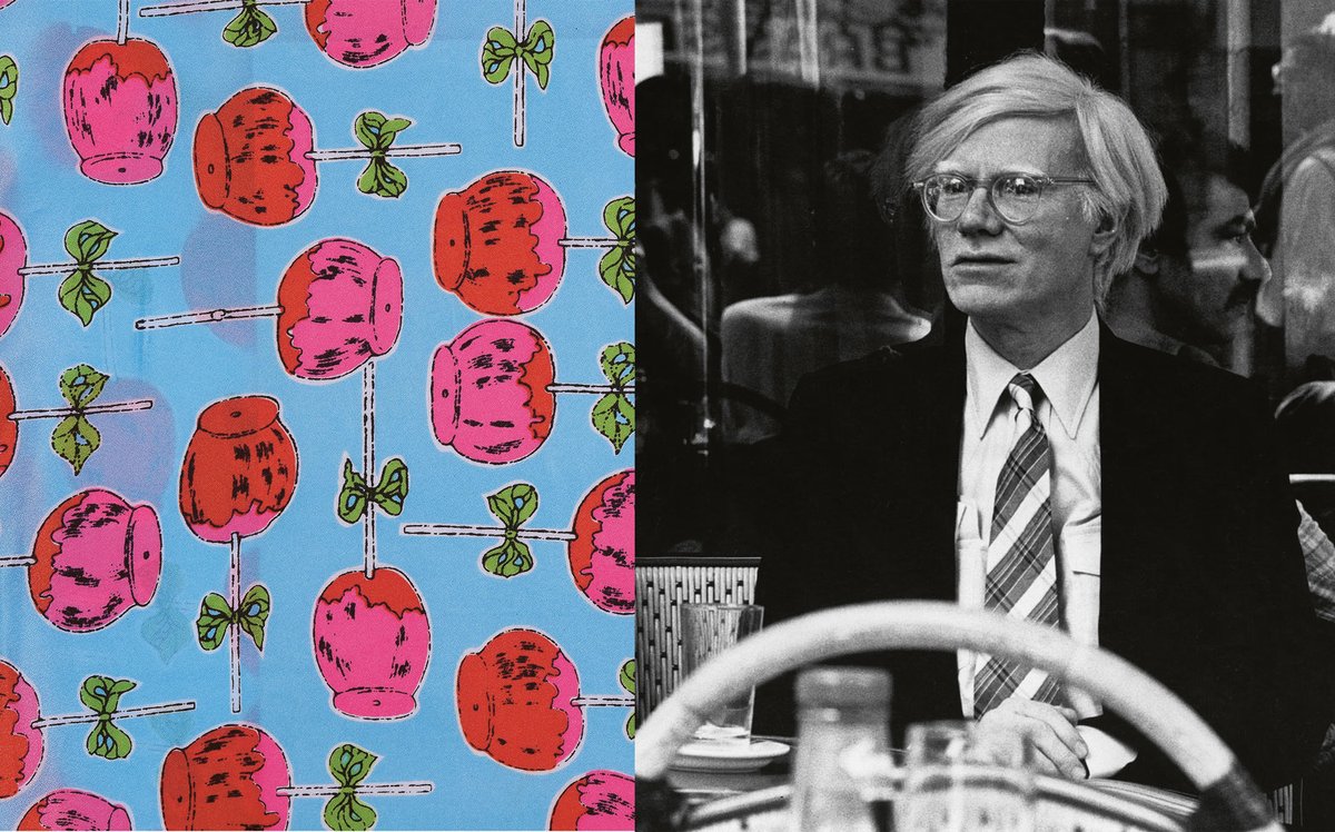Andy Warhol's Candy Apples pattern (around 1962) manufactured by Stehli Silks Corporation and a portrait of the artist at the Café de Flore in Paris in 1980 © The Andy Warhol Foundation for the Visual Arts, Inc.