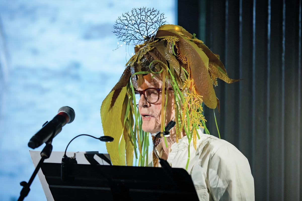 Joan Jonas performing Moving Off the Land. Ocean—Sketches and Notes (2018) at Danspace Project, New York Courtesy of Danspace Project/Photo by Ian Douglas