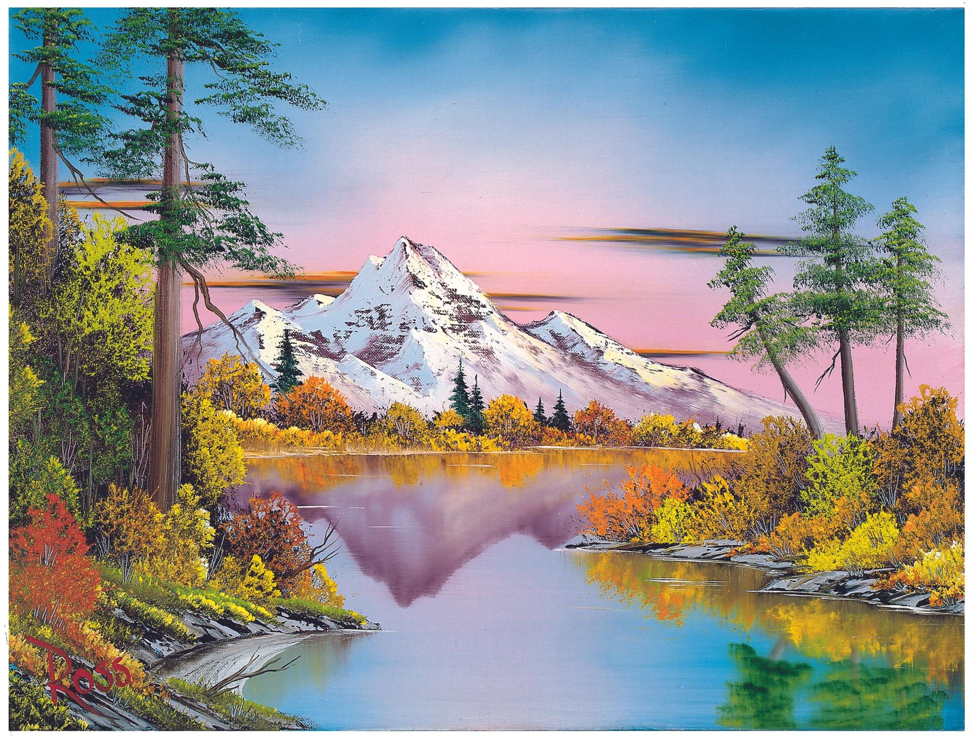 Bob Ross, Reflections (1983) as seen on The Joy of Painting, Season 2, Episode 8 ® Bob Ross name and images are registered trademarks of Bob Ross Inc. © Bob Ross Inc. used with permission