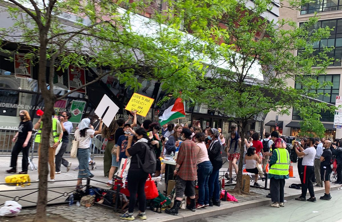 New School students and their supporters rally outside the University Center on 8 May, the first day of the faculty encampment The Art Newspaper