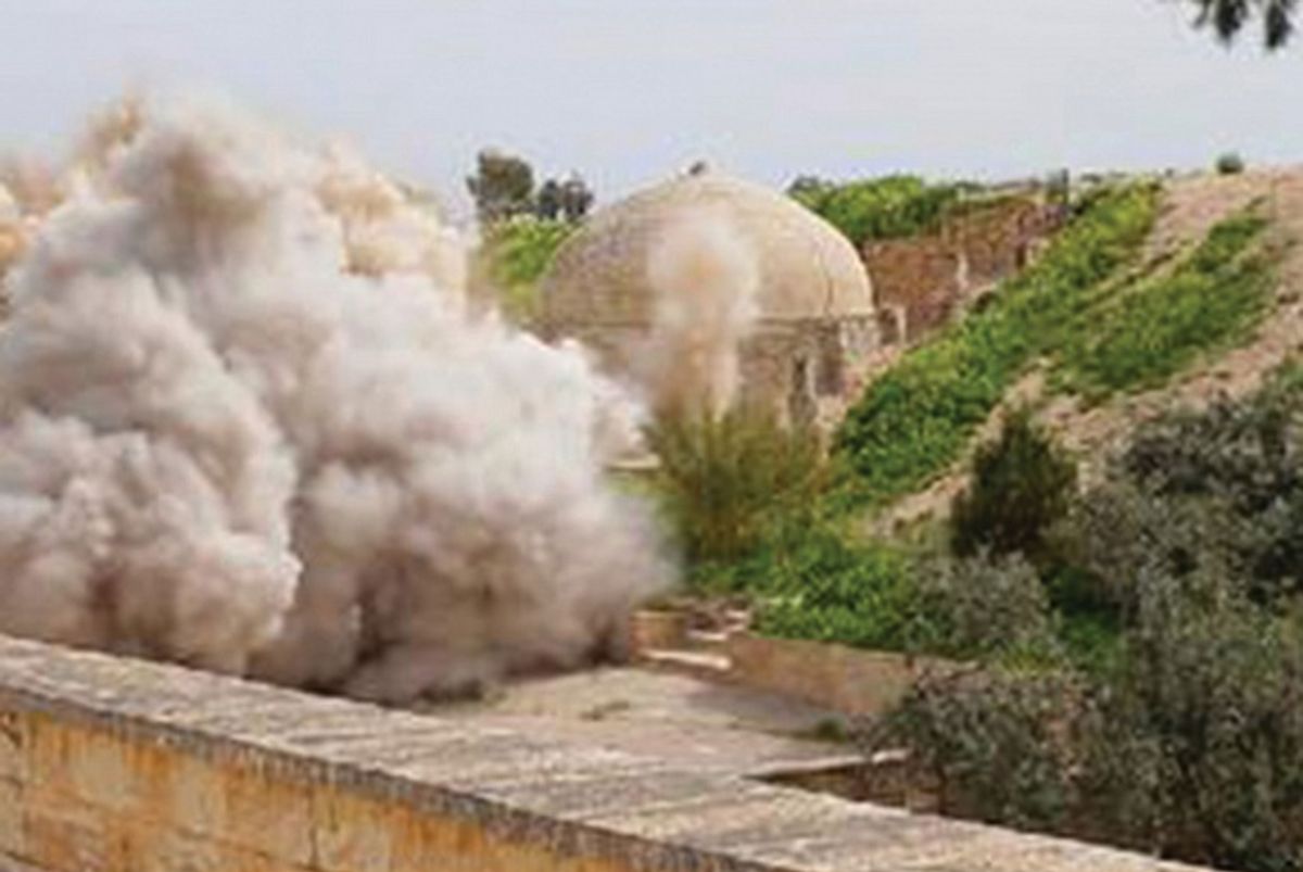 An Islamic State image of explosions at the fourth-century Christian Mar Behnam monastery in Iraq