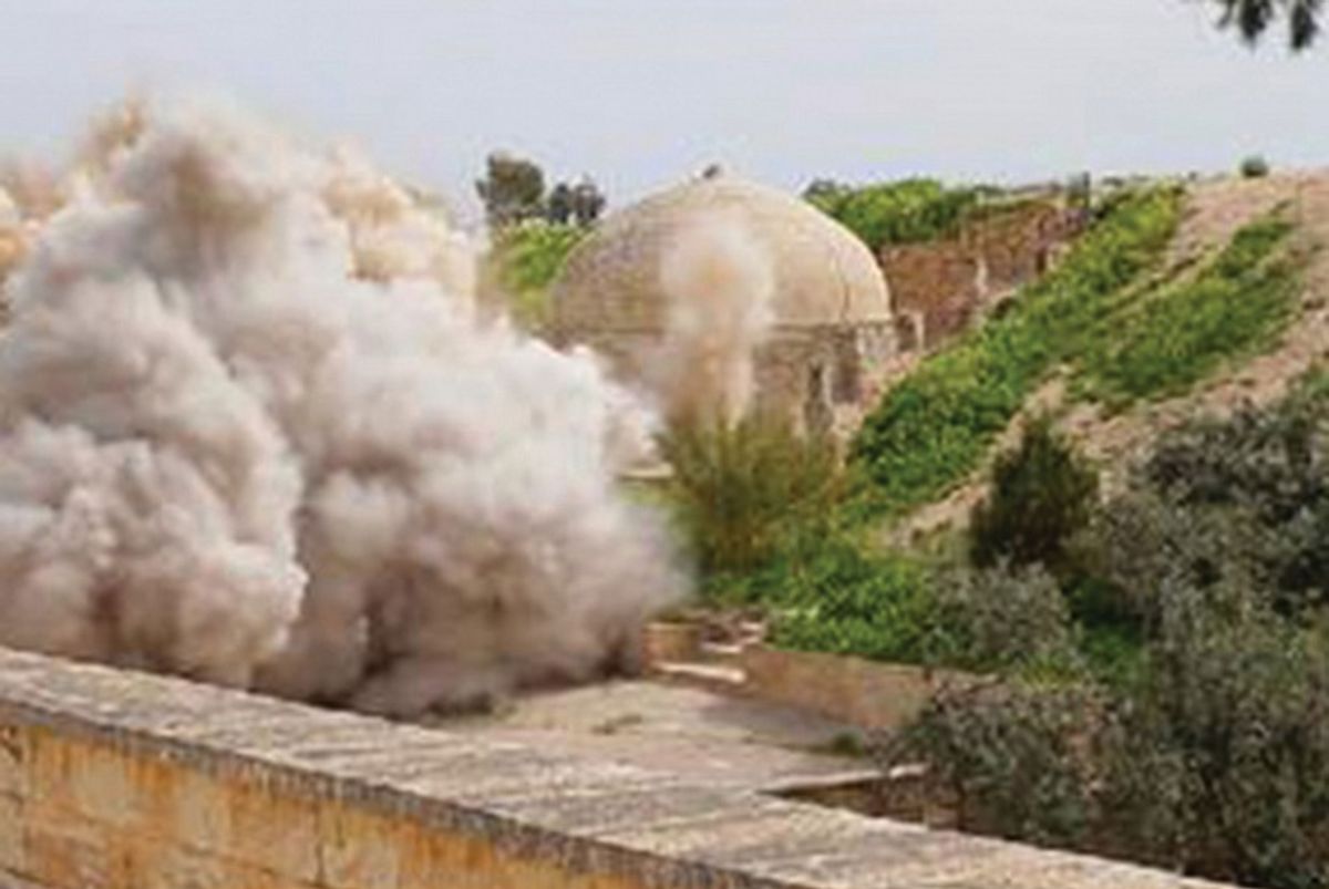 An Islamic State image of explosions at the fourth-century Christian Mar Behnam monastery in Iraq 