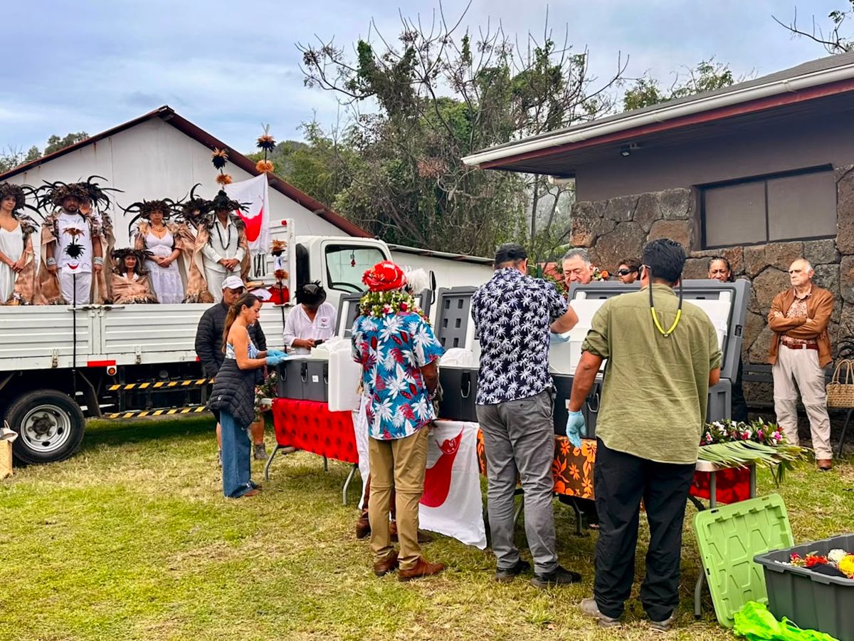 The Rapa Nui people welcome the remains of their ancestors repatriated from the Australian Museum in a ceremony on the island Courtesy Servicio Nacional del Patrimonio Cultural