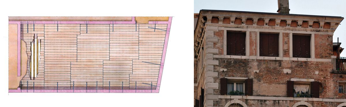 The typical construction of a 15th or 16th-century Venetian house: the plan (left) shows how 21 tie-rods connect the floor to the walls and hold the building together © Mario Piana