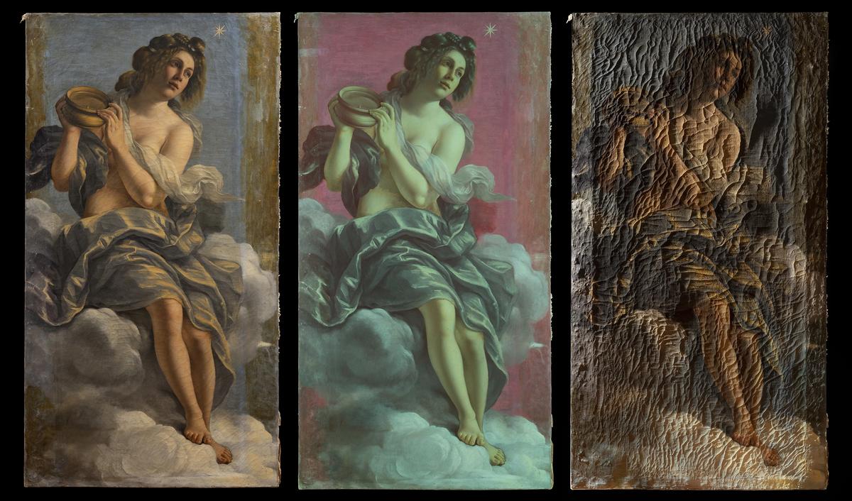 Artemisia Gentileschi's L'Allegoria dell'Inclinazione (1616) in its current state (left), under infrared light (centre), and in raking light (right) Photo: Ottaviano Caruso; courtesy of Casa Buonarroti and Calliope Arts