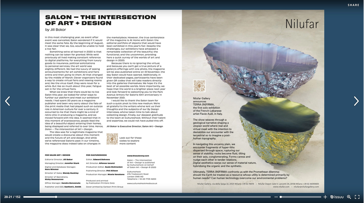 What sets the publication apart from the traditional fair catalogue is the liberal use of QR codes, which when scanned by a reader’s mobile device, launch multi-media content such as videos and online exhibitions