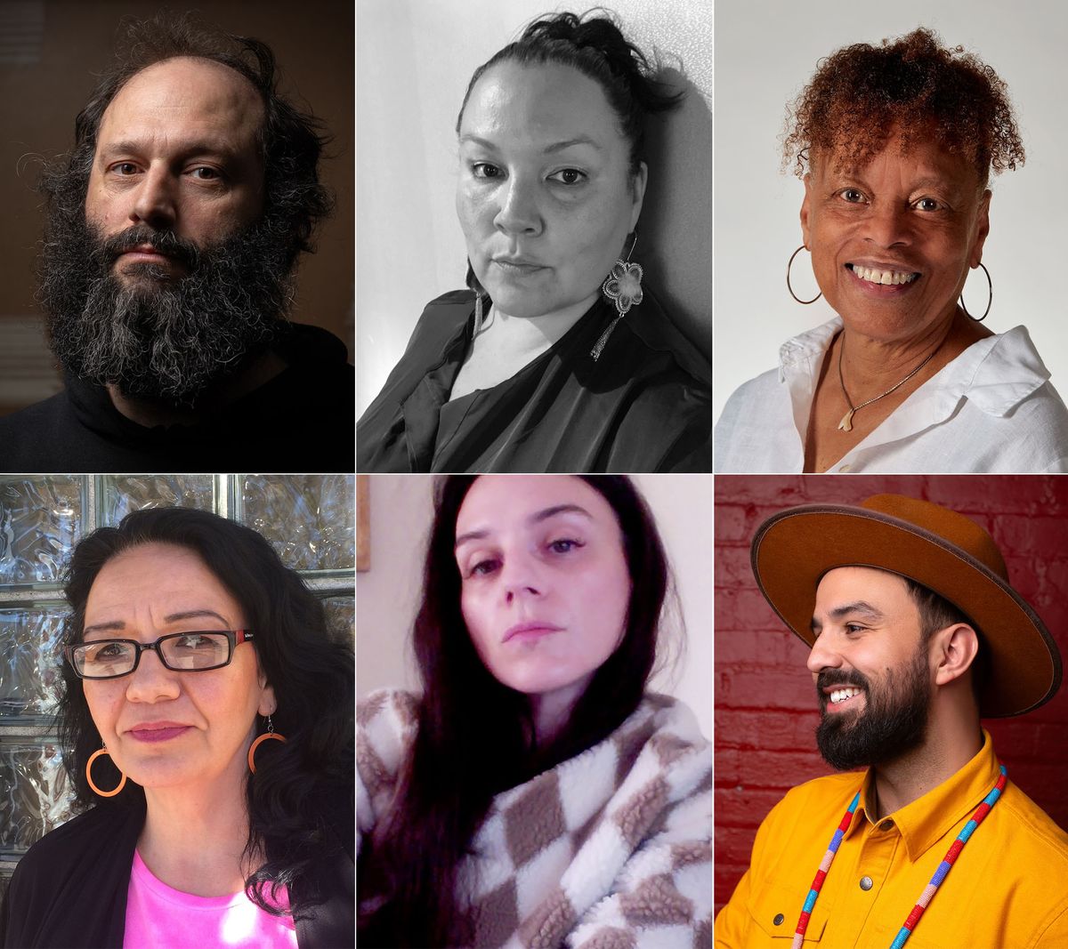 The shorlisted artists for the 2024 Sobey Art Award, top row (left to right): Mathieu Léger (Atlantic), Taqralik Partridge (Circumpolar), June Clark (Ontario); bottom row (left to right): Judy Chartrand (Pacific), Rhayne Vermette (Prairies) and Nico Williams ᐅᑌᒥᐣ (Québec). Photo credits: Léger, courtesy the artist; Partridge, courtesy the artist; Clark, photo by Dean Tomlinson; Chartrand, photo by Beth Carter; Vermette, courtesy the artist; Williams, photo by Cory Hunlin