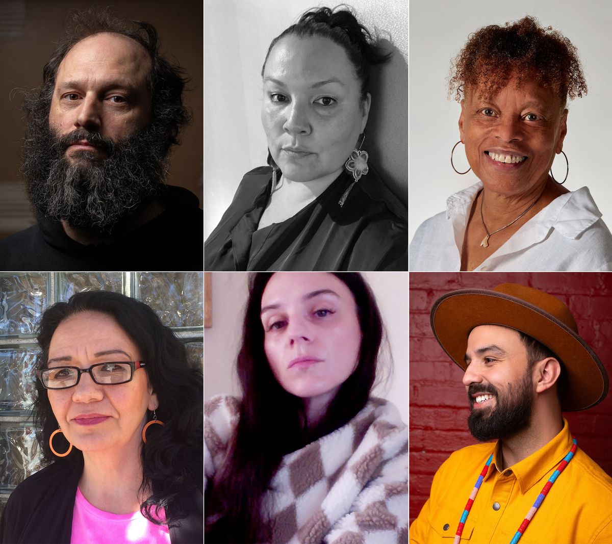 The shorlisted artists for the 2024 Sobey Art Award, top row (left to right): Mathieu Léger (Atlantic), Taqralik Partridge (Circumpolar), June Clark (Ontario); bottom row (left to right): Judy Chartrand (Pacific), Rhayne Vermette (Prairies) and Nico Williams ᐅᑌᒥᐣ (Québec). Photo credits: Léger, courtesy the artist; Partridge, courtesy the artist; Clark, photo by Dean Tomlinson; Chartrand, photo by Beth Carter; Vermette, courtesy the artist; Williams, photo by Cory Hunlin