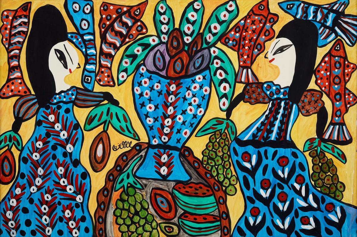 Baya's Two Women with Vase and Yellow Background (1997) is one of the later works in the show Photo: Mansour Dib; courtesy of Ramzi and Saeda Dalloul Art Foundation