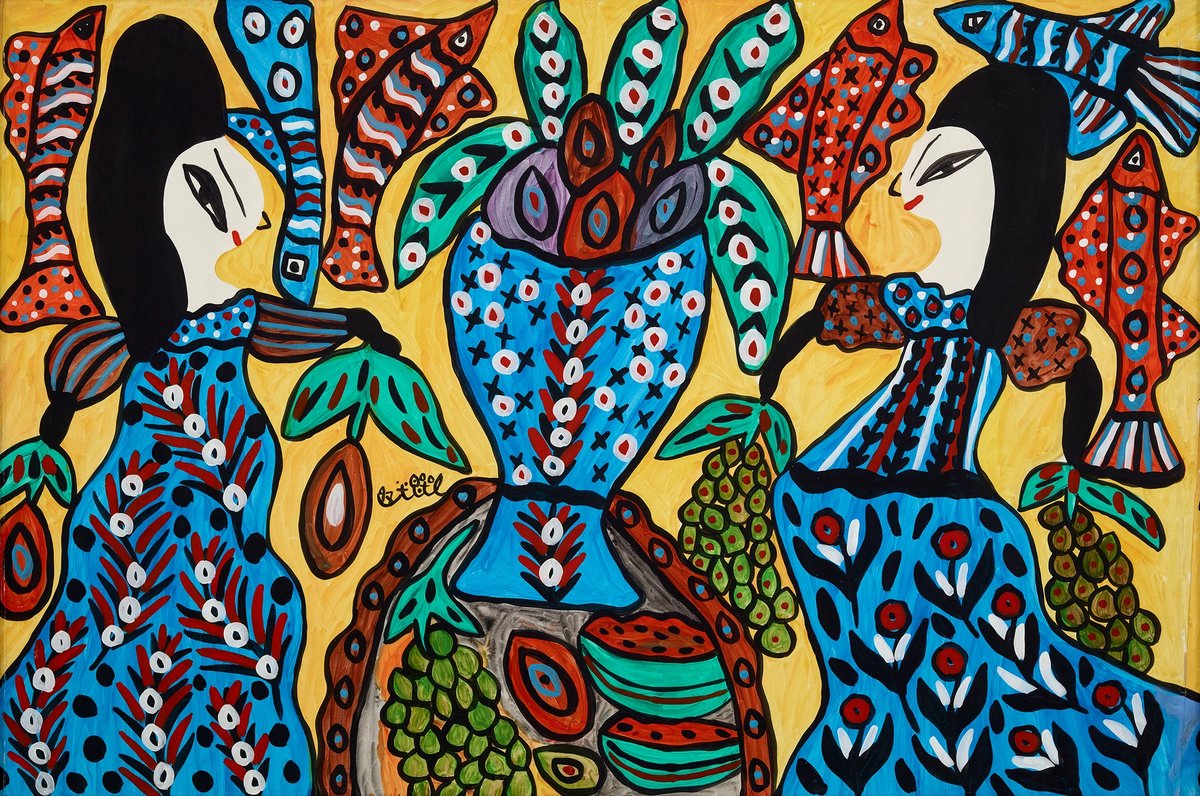 Baya's Two Women with Vase and Yellow Background (1997) is one of the later works in the show Photo: Mansour Dib; courtesy of Ramzi and Saeda Dalloul Art Foundation
