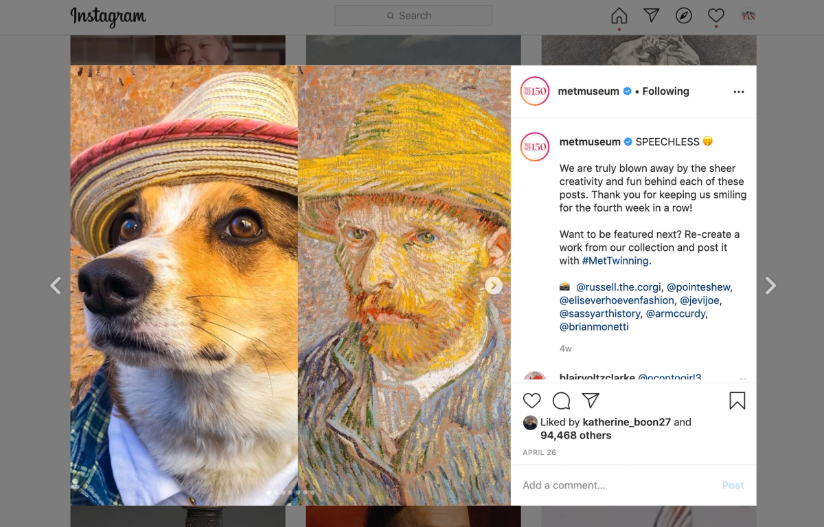 The Metropolitan Museum of Art's #MetTwinning campaign encouraged followers to recreate their favourite works from the museum's collection and share them on social media