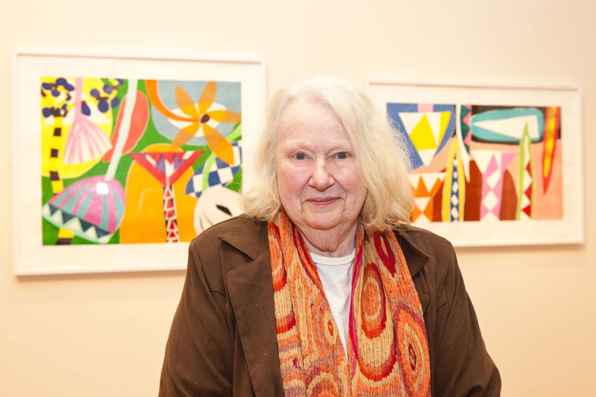 Gillian Ayres pictured in front of her prints at Victoria Art Gallery, Bath (2012) Courtesy of Alan Cristea Gallery