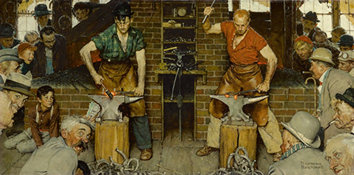 Norman Rockwell, Blacksmith’s Boy – Heel And Toe (Shaftsbury Blacksmith Shop; “I’ll Never Forget That Last Hour. and never, i imagine, will any of those who watched. Both Men Were Lost To Everything Now But The Swing From The Forge To The Anvil, The Heels To Be Turned And The Toes To Be Welded.”), 1940 sold for $8.1m (est $7m-$10m) SEPS licensed by Curtis Licensing Indianapolis, IN. All rights reserved and courtesy of Sotheby's