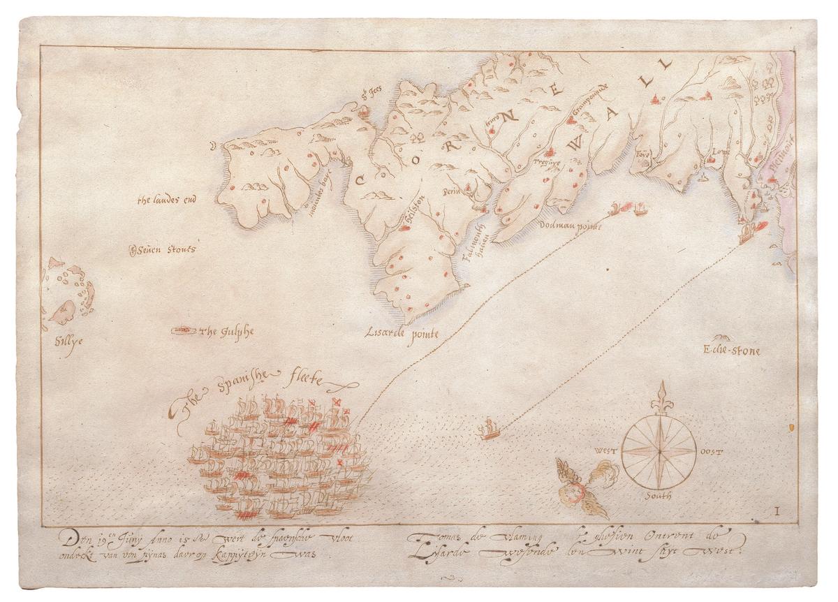 One of the maps shows the Spanish Armada off the coast of Cornwall. Photo: National Museum of the Royal Navy