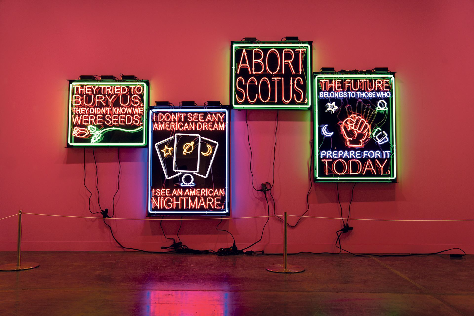 Patrick Martinez’s superficially playful neon works have dark slogans that reflect America’s social and political turmoil Eric Thayer