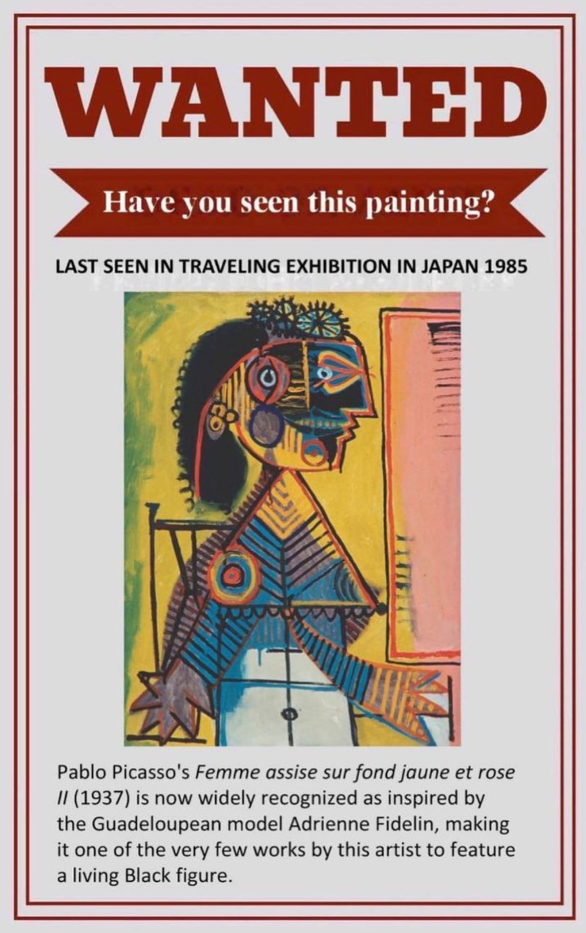An image from the "Finding Ady" Instagram account seeking information on the whereabouts of Pablo Picasso's Femme Assise sur Fond Jaune et Rose, II (1937) Via @findingady/Instagram