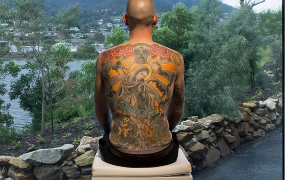 The Belgian artist Wim Delvoye has covered Tim Steiner’s back with a tattoo of the Madonna crowned in a halo, topped with a Mexican skull; the piece is entitled Tim (2006-08) © Wim Delvoye