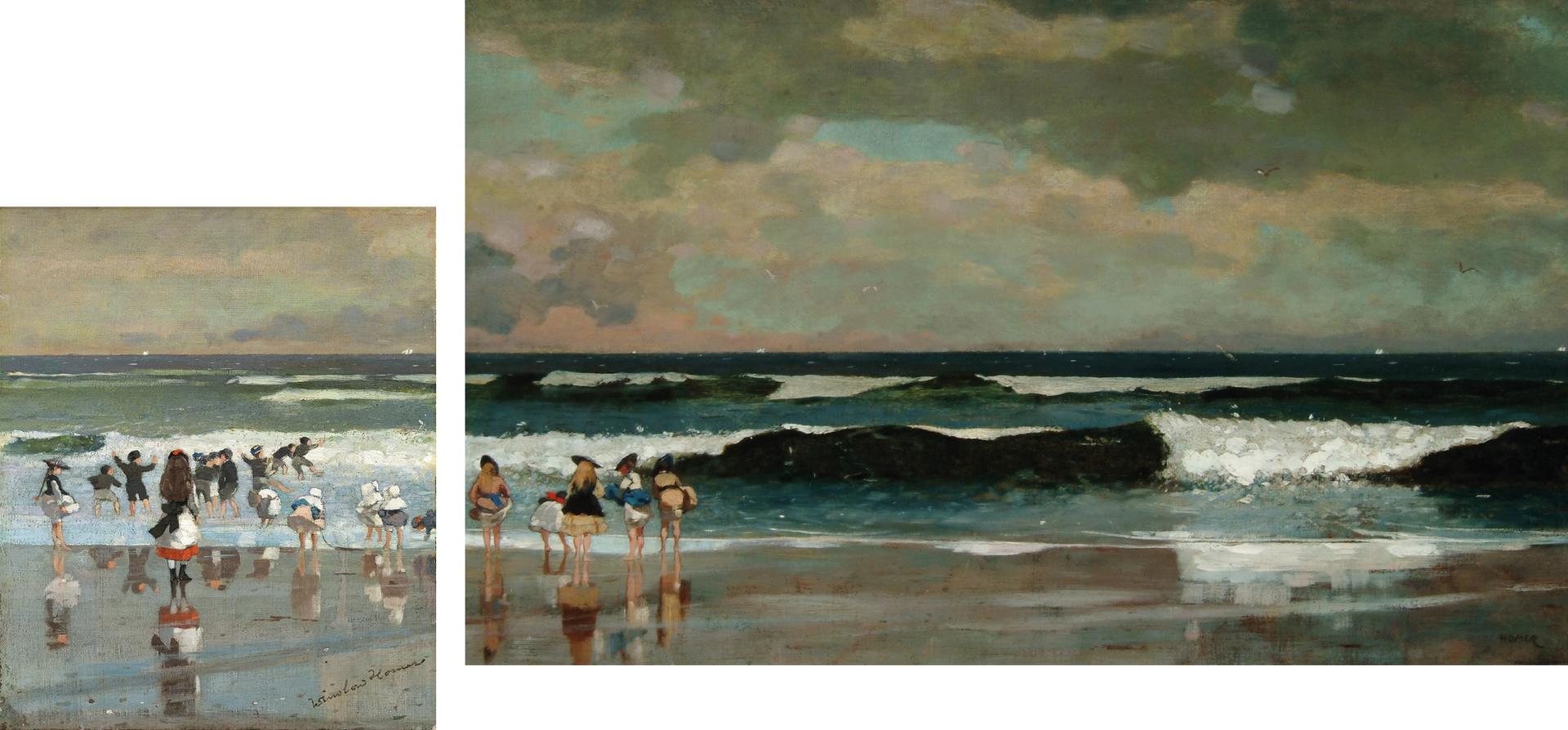 Beach Scene (1869) (left) and On The Beach (1869) were one painting until Homer cut it in two in dismay after receiving bad reviews © Carmen Thyssen-Bornemisza Collection. © Courtesy of Arkell Museum.
