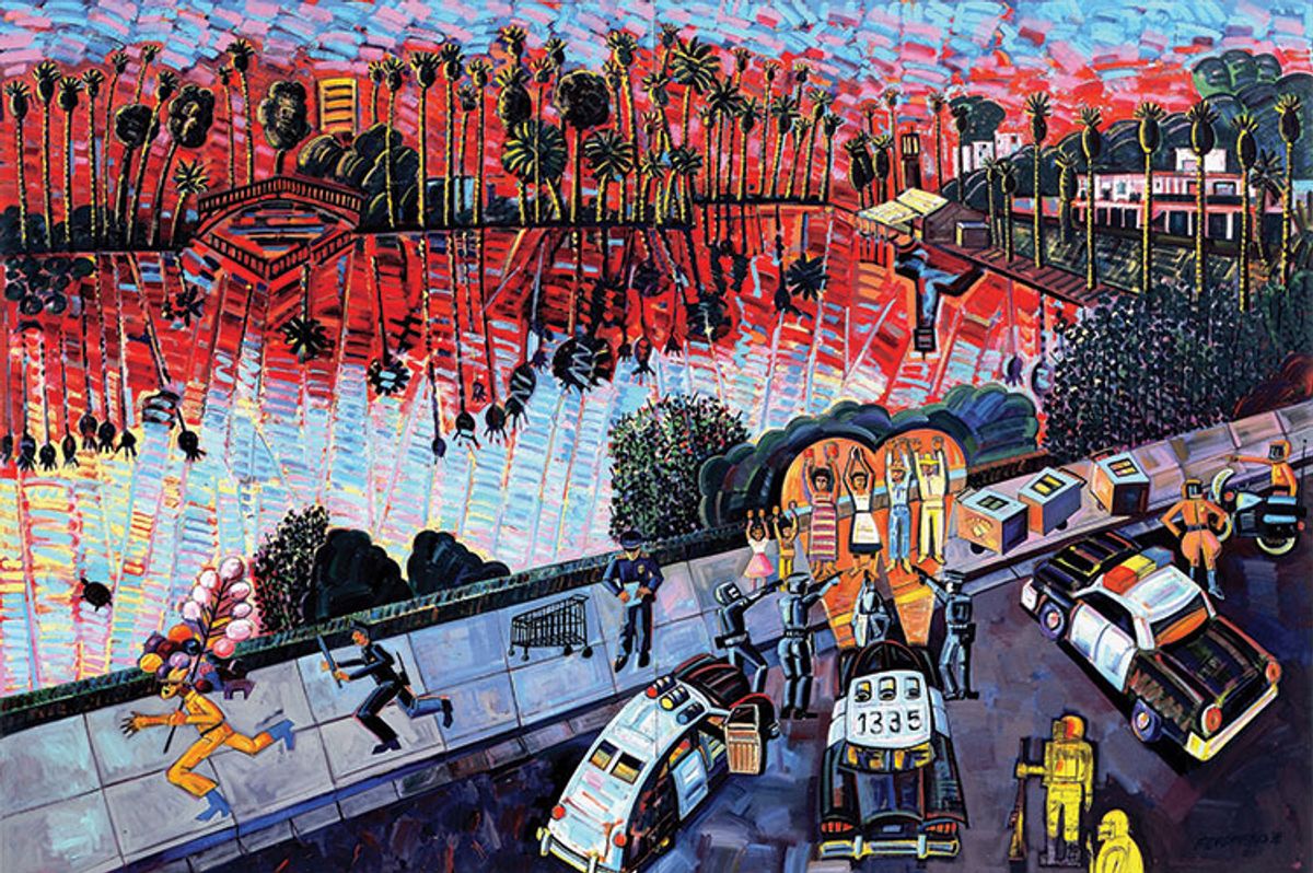 Arrest of the Palmeros (1996) by Frank Romero, a work from Cheech Marin’s collection that will go on show at the new museum.