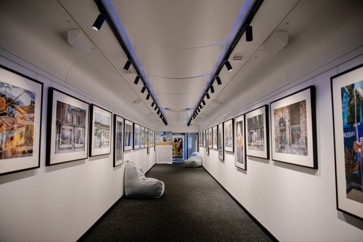 A view inside the Courage of a Nation exhibition, held inside three train cars

Courtesy of Ukrainian Railways (X)