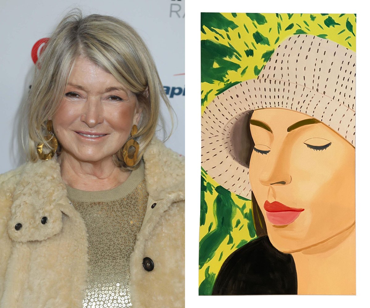Martha Stewart (left) highlighted works from Joopiter's ongoing contemporary art sale, including Straw Hat 3 (2022, right) by Alex Katz Stewart: © Nancy Kaszerman / ZUMA Press, Inc. / Alamy Stock Photo. Katz: Courtesy Joopiter