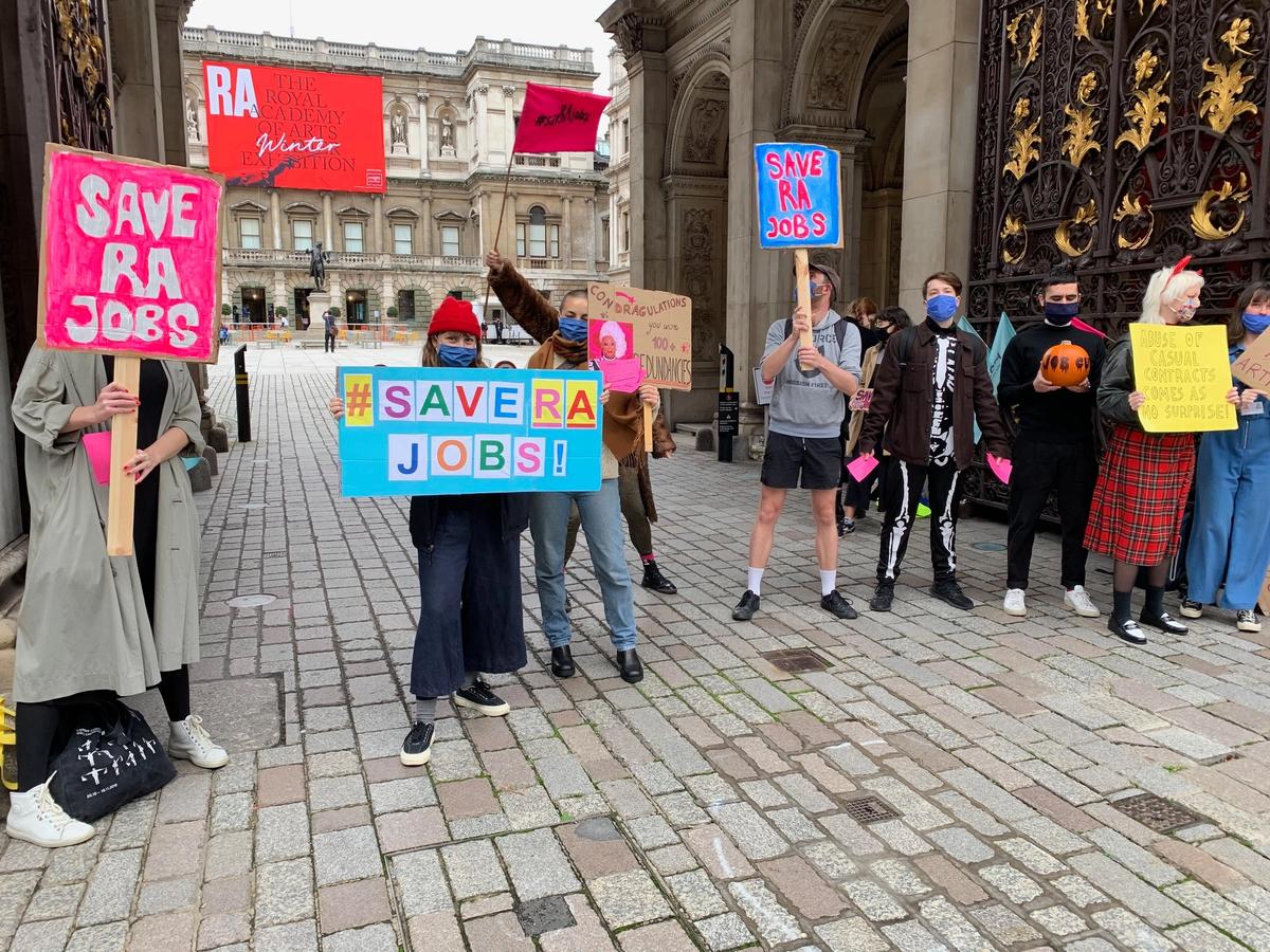 Staff from the Royal Academy of Arts in London have been protesting job cuts outside the museum Photo: Gareth Harris