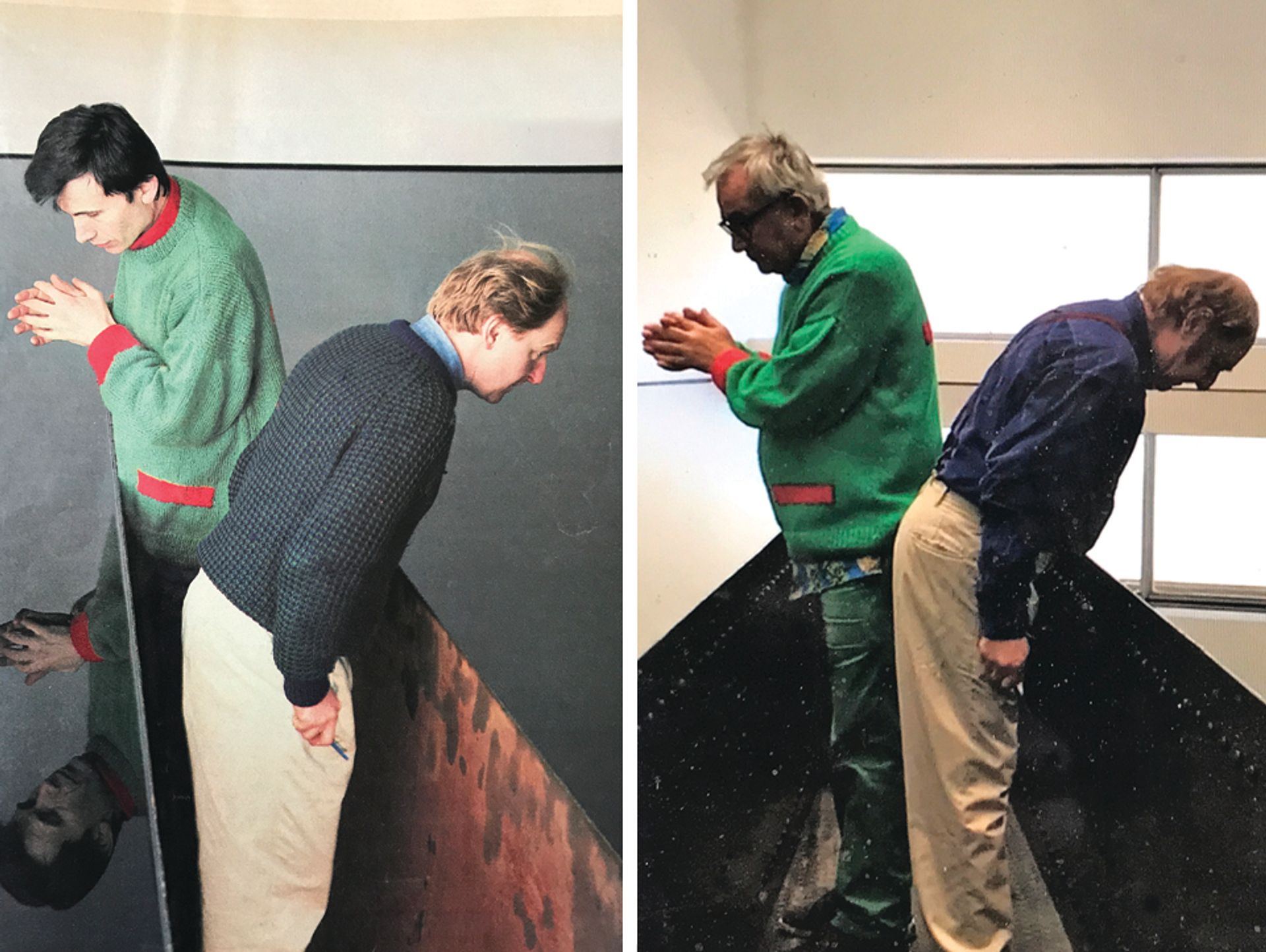 Left: Matt's Gallery director Robin Klassnik and the artist Richard Wilson looking at the first iteration of 20:50 in 1987; and right: the pair looking at the latest installation of the work at the Hayward gallery on 24 September Courtesy of Matt's Gallery