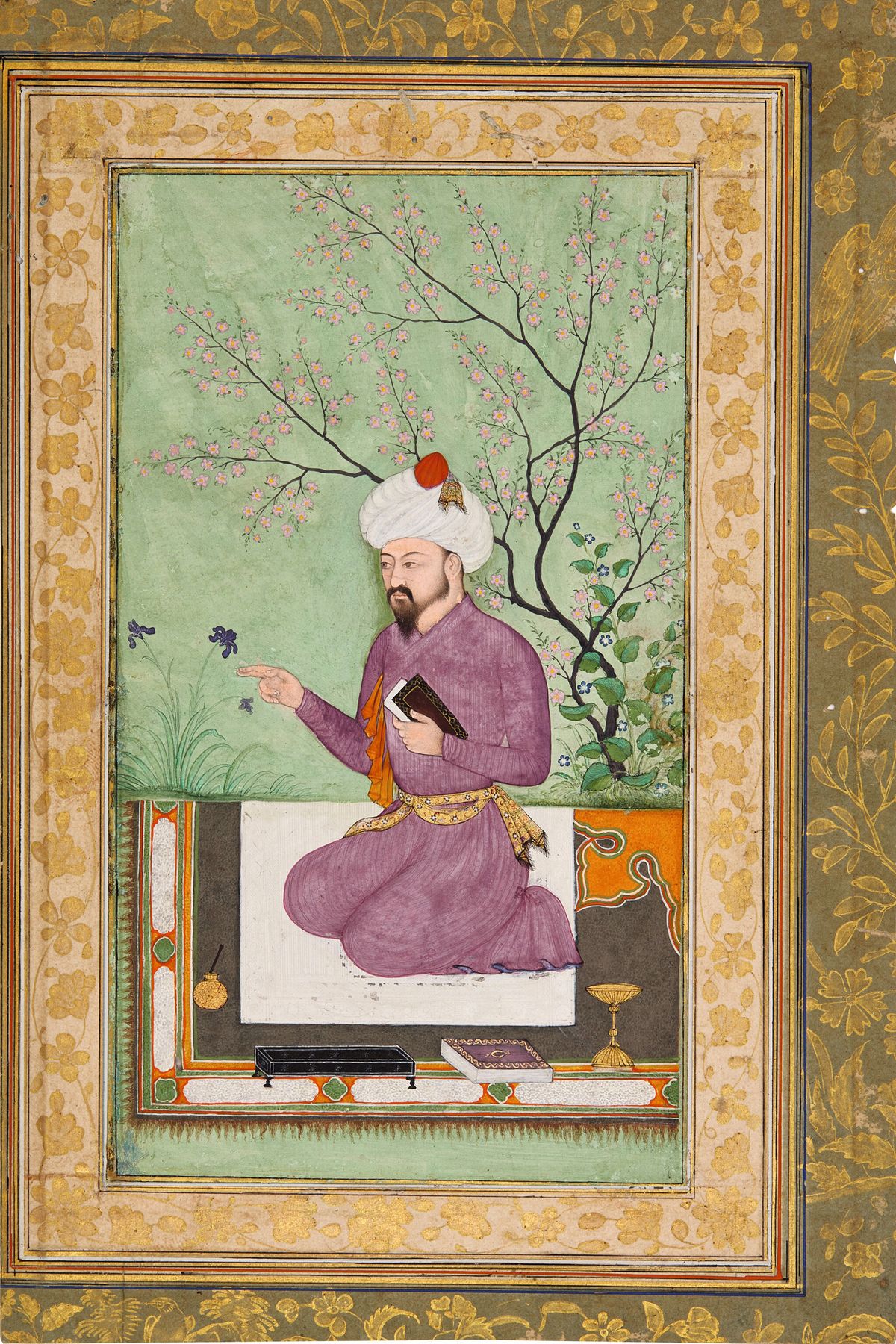 A Mughal illustration (around 1610) from the collection of Prince Khurram, better known as Shah Jahan, shows a kneeling portrait of Babur, the first Mughal Emperor, and was sold by Sotheby’s last year for £533,400 Courtesy: Sotheby’s