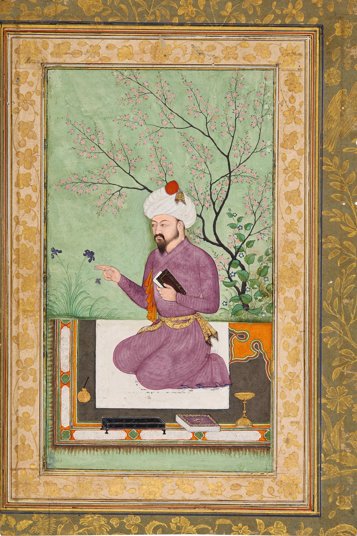 A Mughal illustration (around 1610) from the collection of Prince Khurram, better known as Shah Jahan, shows a kneeling portrait of Babur, the first Mughal Emperor, and was sold by Sotheby’s last year for £533,400 Courtesy: Sotheby’s