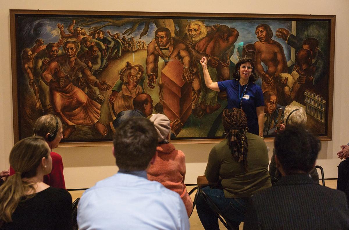 Charles White’s Five Great American Negroes (1939) at the Museum of Modern Art, New York. The mural depicts important African Americans: Sojourner Truth, Frederick Douglass, Booker T. Washington, George Washington Carver and Marian Anderson Photo: Robert Nickelsberg/Getty Images
